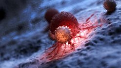 Obra de arte digital de glóbulos blancos atacando células cancerosas iluminadas rojas . - foto de stock