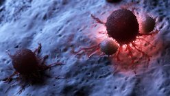 Digital artwork of white blood cells attacking red illuminated cancer cell. — Stock Photo