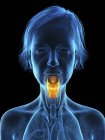 Illustration of senior woman blue silhouette with highlighted larynx on black background. — Stock Photo
