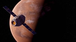 Ilustración del satélite de investigación volando frente al planeta Marte superficie roja
. - foto de stock