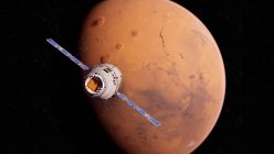 Illustration d'un satellite de recherche volant devant la planète Mars surface rouge . — Photo de stock
