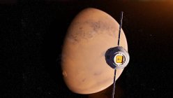 Ilustración del satélite de investigación volando frente al planeta Marte superficie roja
. - foto de stock