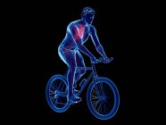 3d reso illustrazione di cuore ciclista maschile mentre in bicicletta su sfondo nero . — Foto stock