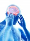 3D gerenderte Illustration der blauen Silhouette eines Mannes mit Kopfschmerzen auf weißem Hintergrund. — Stockfoto