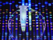Genetic research tube containing DNA sample with  DNA profile in background. — Stock Photo