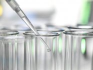 Close-up of pipetting sample into row of test tubes during experiment in laboratory. — Stock Photo