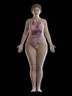 Ilustración de la mujer con sobrepeso con órganos visibles sobre fondo negro
. - foto de stock