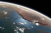 Vision illustration of planet Mars covered in seas and oceans in past towards Tharsis region, showing massive volcano Olympus Mons. — Stock Photo
