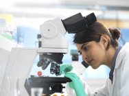 Вчений переглядає медичний зразок на скляному слайді під мікроскопом в лабораторії . — стокове фото