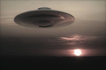 UFO flying in sky at sunset, illustration. — Stock Photo