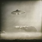 Vintage UFO volare in cielo con nuvole, illustrazione . — Foto stock