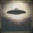 Vintage style UFO flying above clouds, illustration. — Stock Photo