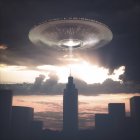 UFO above skyscraper in city at sunset, illustration. — Stock Photo