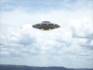 UFO saucer flying in cloudy sky, illustration. — Stock Photo