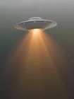 UFO saucer in sky with bright light, illustration. — Stock Photo