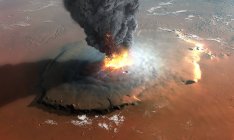 Artwork of high angle view on erupting Olympus Mons shield volcano on Mars planet surface. — Stock Photo