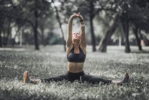 Donna atletica che allunga gambe e braccia dopo l'esercizio nel parco . — Foto stock