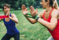 Femmes exerçant avec des bandes élastiques sur les mains dans le parc vert . — Photo de stock