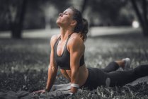 Mujer atlética estirándose en postura de cobra yoga después de hacer ejercicio en el parque . - foto de stock