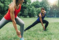 Women exercising on green grass in park outdoors. — Stock Photo