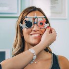 Female patient at eye examination in ophthalmology clinic. — Stock Photo