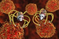 Conceptual digital illustration of medical nanorobots attacking cancerous cells. — Stock Photo