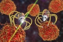 Концептуальная цифровая иллюстрация медицинских нанороботов, атакующих раковые клетки . — стоковое фото