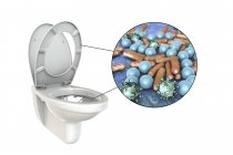 Microbios de inodoro enrasados en superficie contaminada, ilustración digital conceptual sobre fondo blanco . - foto de stock