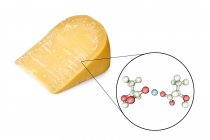 Cristaux de lactate de calcium sur la surface du fromage avec illustration numérique en gros plan de la molécule de lactate de calcium . — Photo de stock