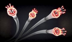 Ilustración 3d de cables guía de luz óptica en gris y rojo con extremos abiertos que brillan intensamente . - foto de stock