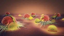 3D-Illustration von Lymphozyten, die Krebszellen im menschlichen Körper angreifen. — Stockfoto