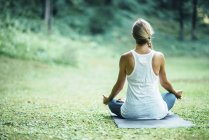 Rear view of woman doing yoga while sitting in lotus position on mat in park. — Stock Photo
