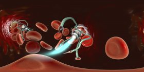 Nanorobot médical dans un vaisseau sanguin humain, illustration numérique panoramique . — Photo de stock