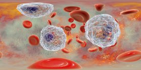 Panoramische Darstellung von Blutgefäßen mit Eosinophilie mit zahlreichen Eosinophilen weißer Blutkörperchen, Immunsystem gegen Parasiten. — Stockfoto