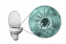 Flush toalete micróbio na superfície contaminada, ilustração digital conceitual sobre fundo branco . — Fotografia de Stock