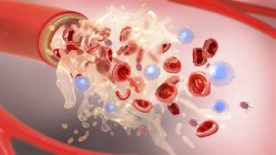3D-Darstellung von Blutplasma und Blutbestandteilen, die aus der Arterie fließen. — Stockfoto
