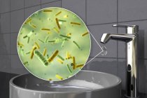 Safety of drinking water. Conceptual illustration showing microbes in drop of water from tap. — Stock Photo