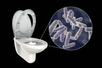 Flush toalete micróbios na superfície contaminada, ilustração digital conceitual sobre fundo preto . — Fotografia de Stock