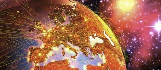 3D Illustration des Luftraums und der Luftwege, die Städte über Europa auf der Erde verbinden. — Stockfoto