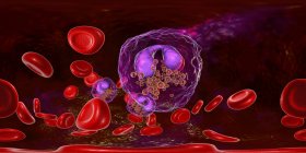 Illustration panoramique d'un vaisseau sanguin avec éosinophilie avec de nombreux éosinophiles globules blancs, système immunitaire anti-parasitaire . — Photo de stock