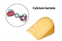Calcium lactate crystals on cheese surface with close-up digital illustration of Calcium lactate molecule. — Stock Photo