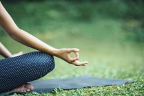Yoga detail, woman in lotus position with mudra on mat in park. — Stock Photo