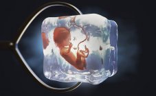 Illustration 3D du fœtus cryopréservé congelé dans un glaçon maintenu par une pince métallique . — Photo de stock
