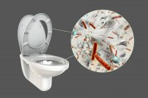 Microbios de inodoro enrasados en superficie contaminada, ilustración digital conceptual sobre fondo gris . - foto de stock
