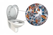 Microbes de toilettes à chasse d'eau sur surface contaminée, illustration numérique conceptuelle sur fond blanc . — Photo de stock