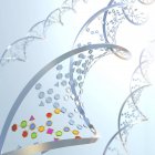 Dna-Moleküle mit mehrfarbigen Elementen, digitale Illustration. — Stockfoto