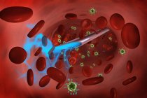 Illustrazione di liquido blu iniettato nel flusso sanguigno con siringa vista dall'interno con cellule virali verdi e del sangue . — Foto stock