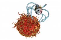 Концептуальна цифрова ілюстрація медичного наноробота, що атакує ракову клітину . — стокове фото