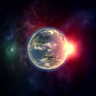 Planet Erde im Weltall mit Mond, Atmosphäre und Sonnenlicht. — Stockfoto