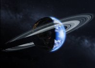 Illustrazione della Terra con sistema ad anello attorno all'equatore nello spazio con ombra . — Foto stock
